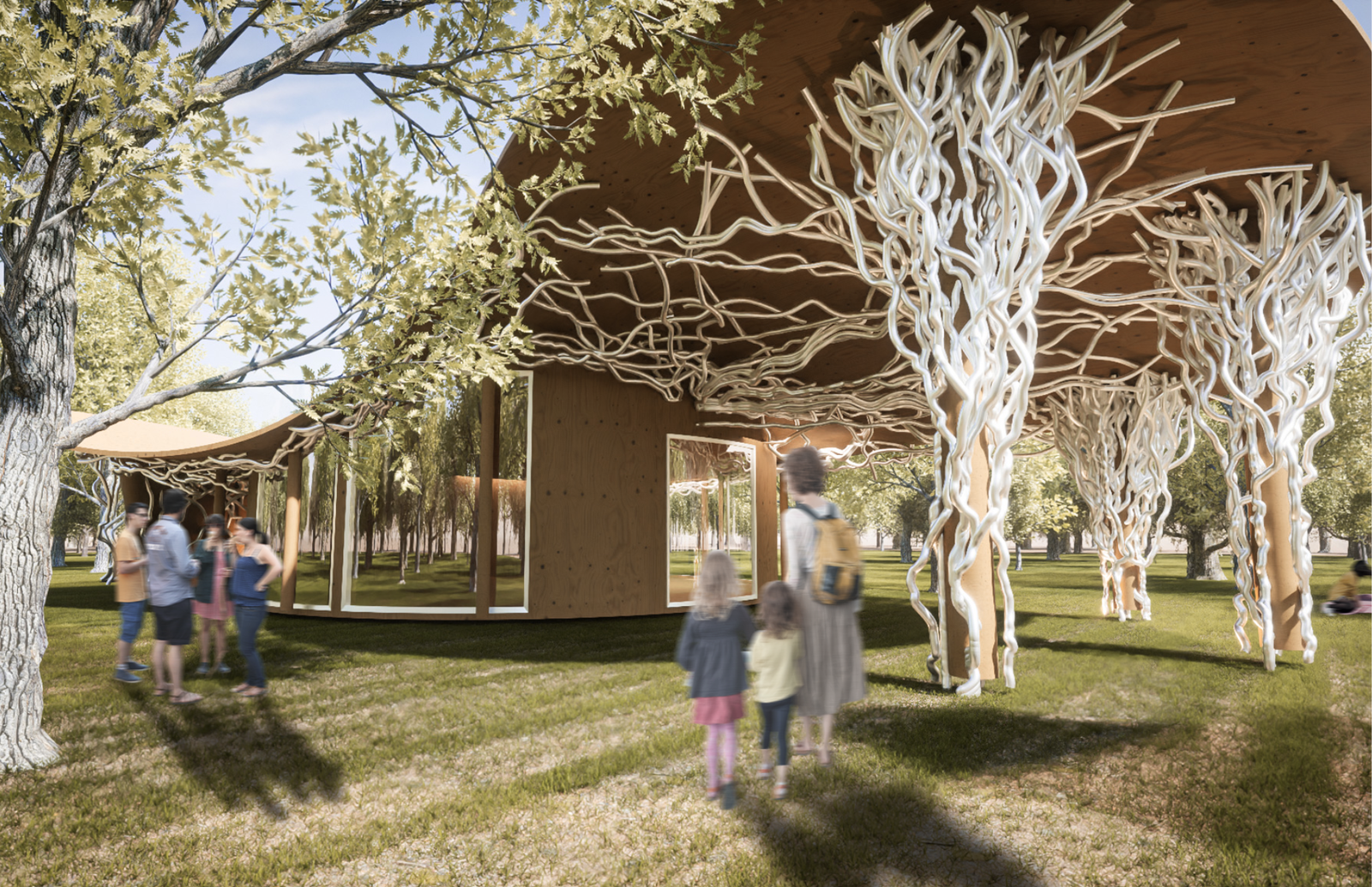 Render del proyecto Anthea de SC Arquitectos, pabellón con columnas escultóricas