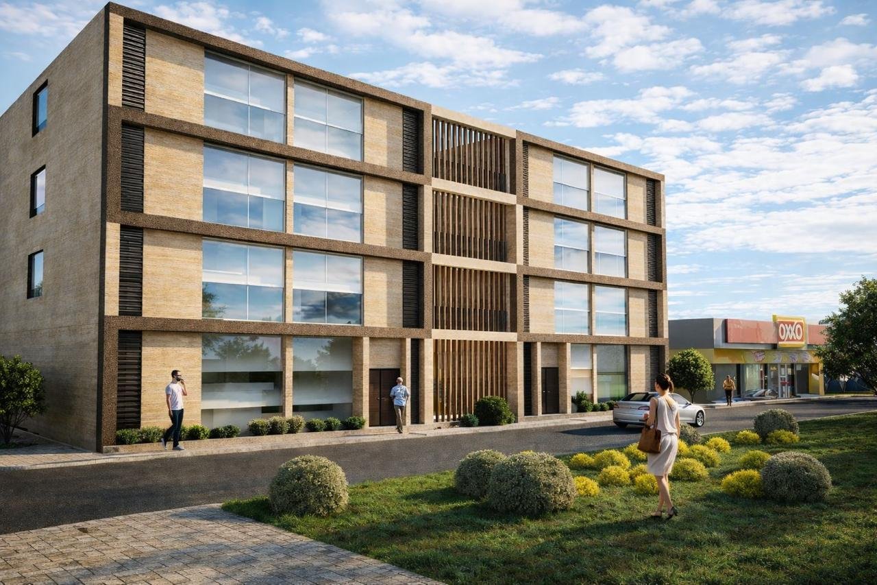 Render exterior de Torre Mississippi, fachada sobre avenida