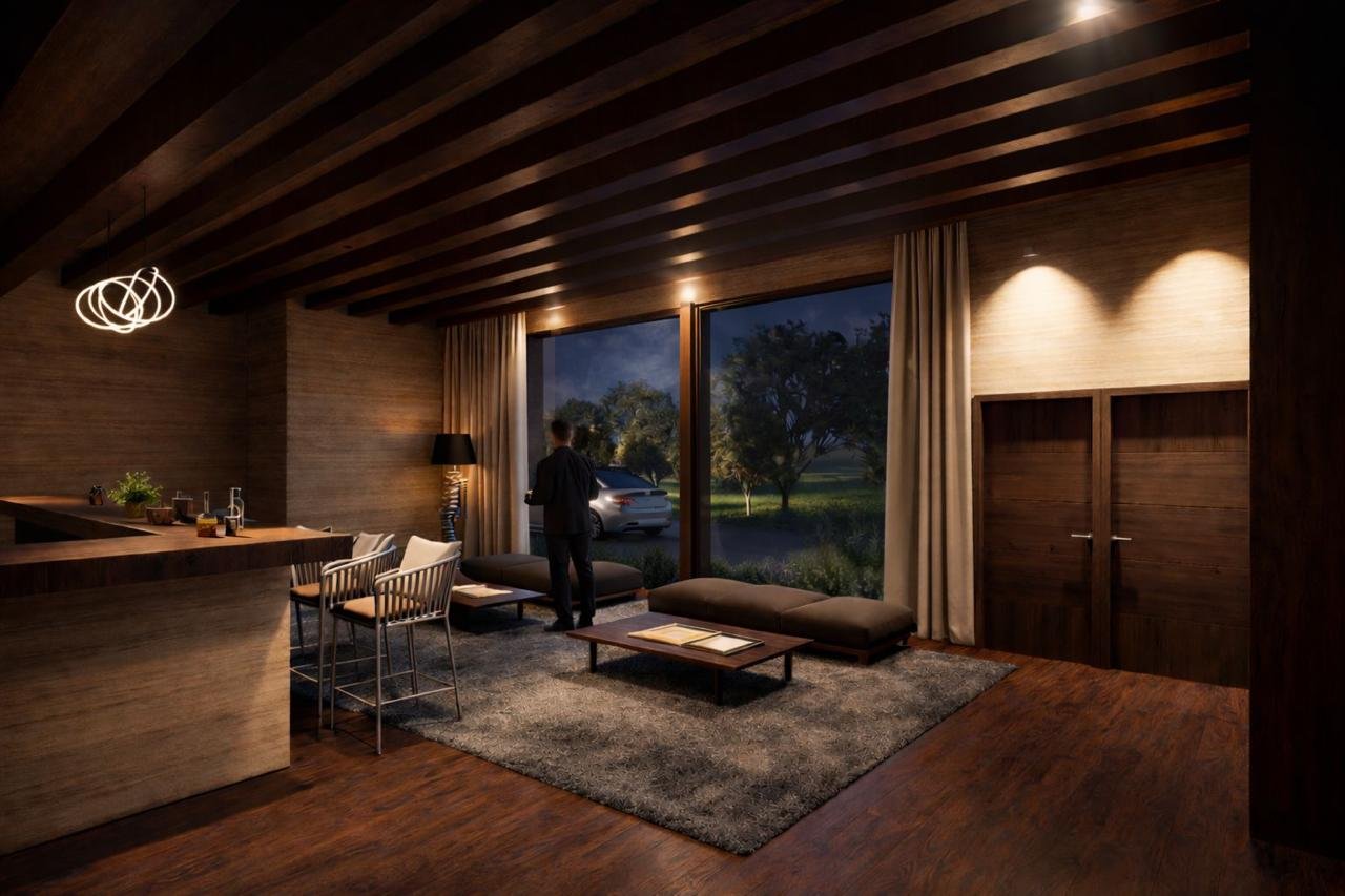 Render de interior, sala y bar de Torre Mississippi